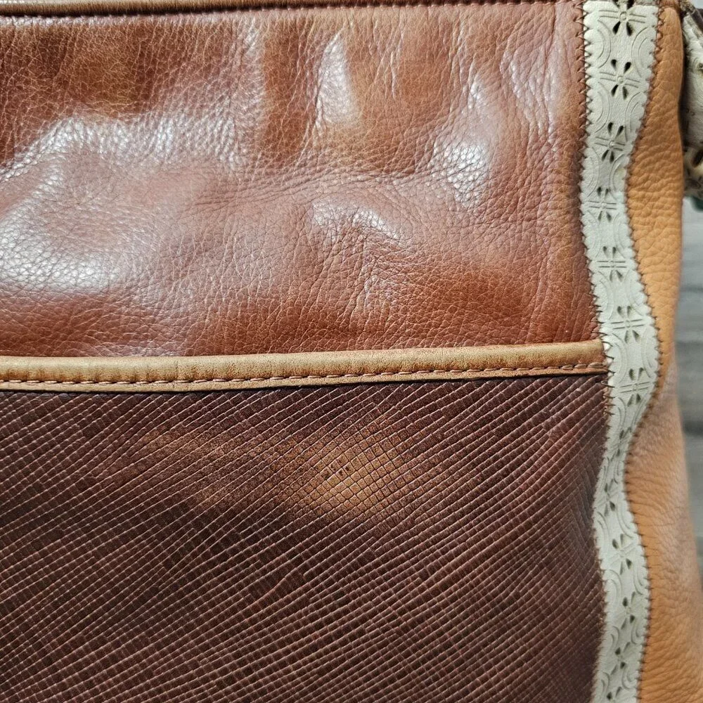 BRIGHTON SAHARA Two Tone Leather Hobo Turquoise Beaded Brown Shoulder Bag